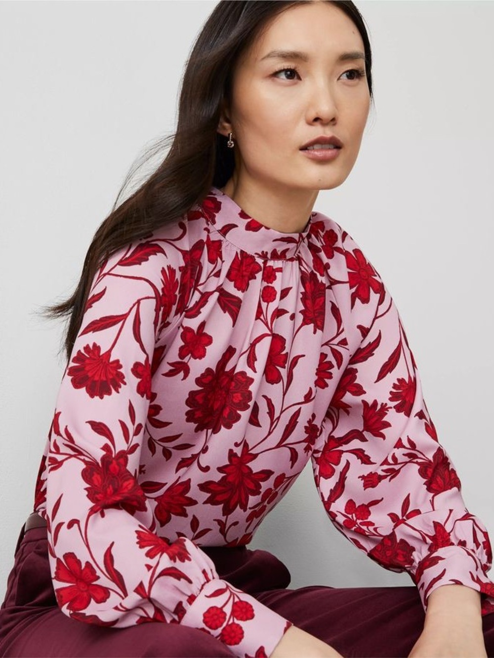 Ann Taylor Pink Red Floral High Neck Blouse SP